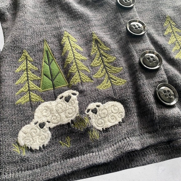 Timberlea Cardigan Sweater Large Sheep Trees Grey Snap Button Cottagecore Raime - Picture 2 of 8